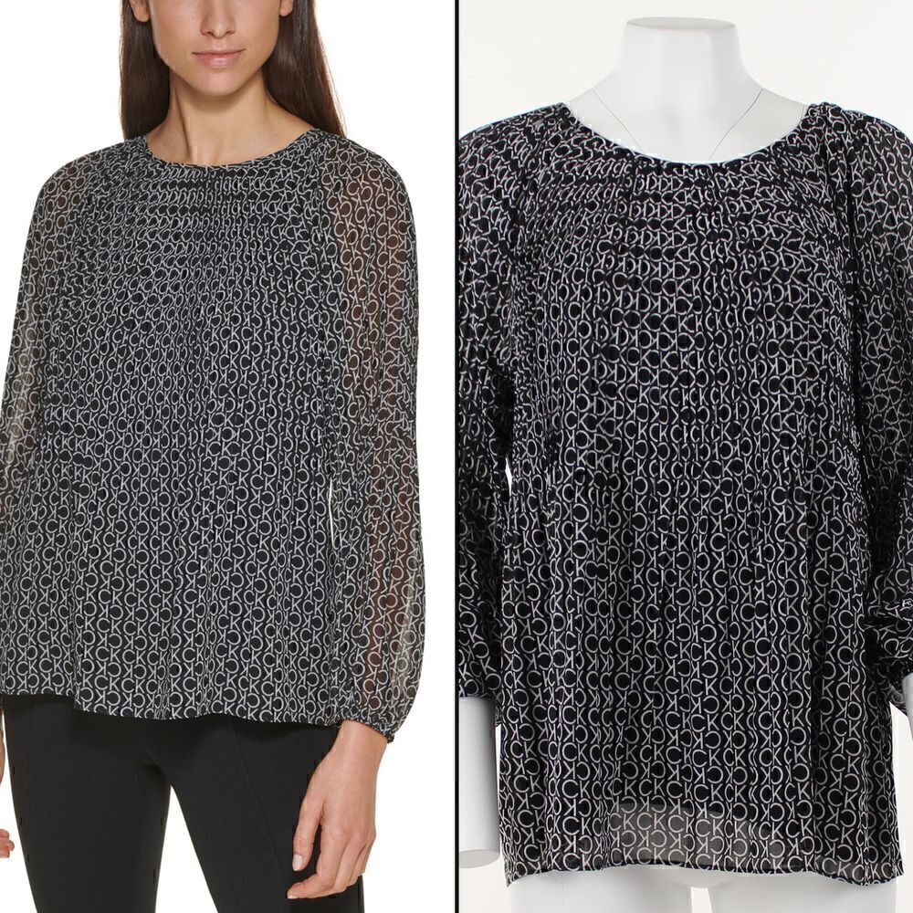 Calvin Klein Logo Print Pleated Blouse